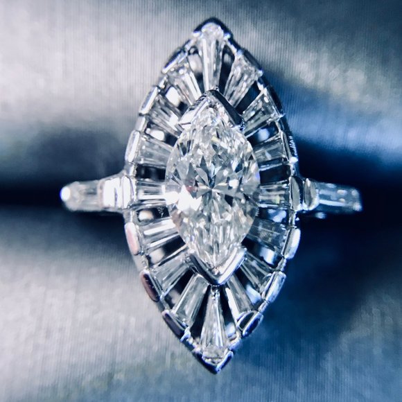 - 1.96ct VINTAGE MARQUISE CUT H SI1 DIAMOND CERTIFIED RETRO OVAL COCKTAIL RING - - Picture 5 of 11